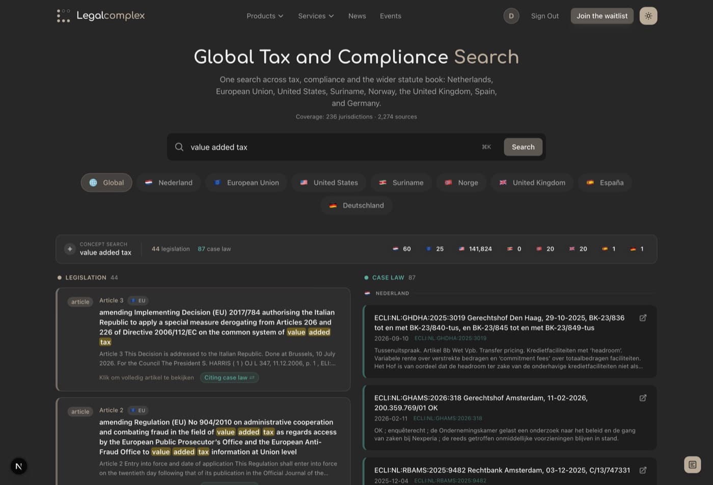 The Global Tax & Compliance search on legalcomplex.com, showing a search for value added tax returning 44 legislation results and 87 case law results across eight jurisdictions.