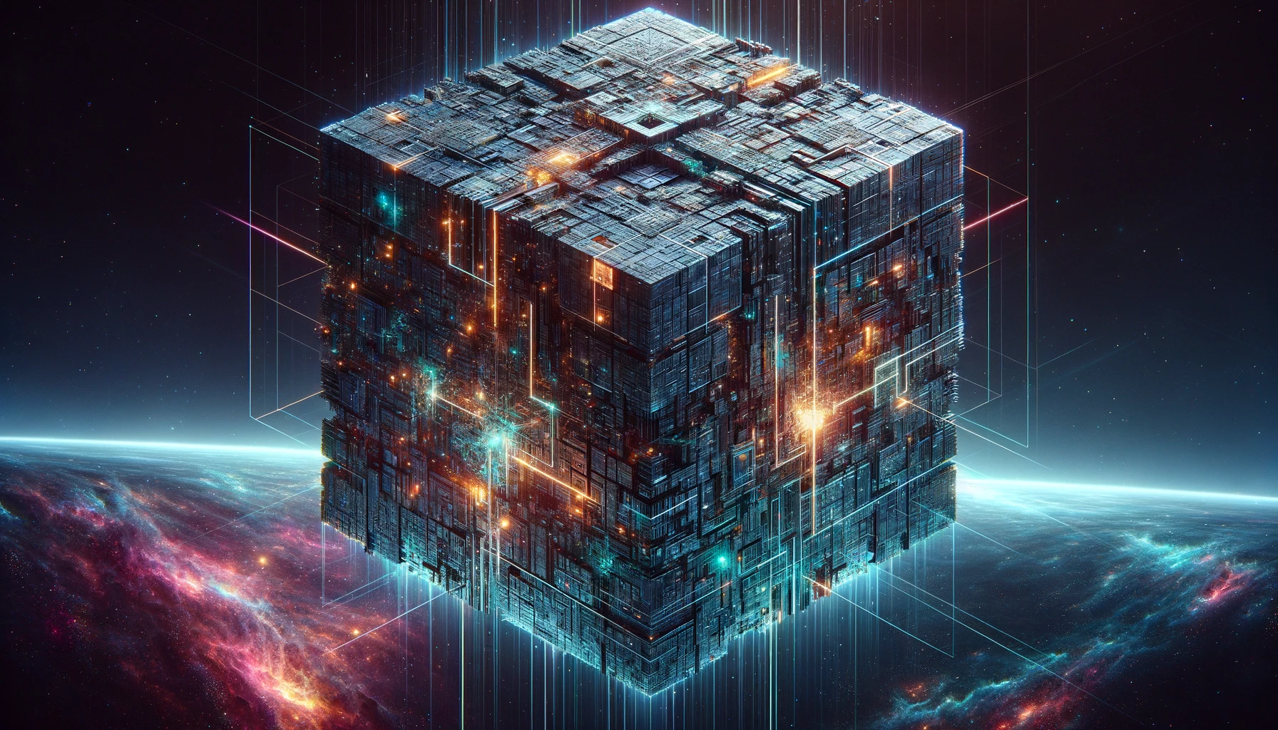 DALL·E 2024-05-14 07.49.07 – An artistic interpretation of a Borg cube, vast and detailed, set against the stark backdrop of deep space with neon enhancements. Neon accents illumi