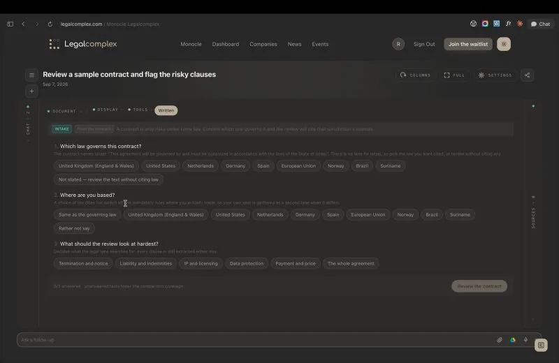 Asking a legal question without context, Monocle will ask for context. So a contract review looks for location first.
